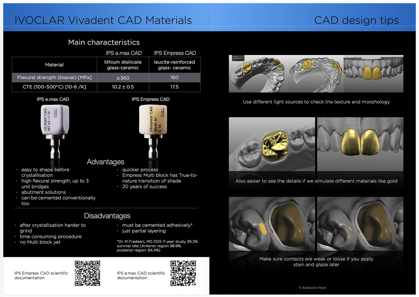 Technical chart comparing IPS e.max CAD and IPS Empress CAD materials with images and text.