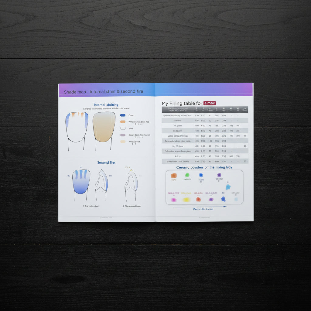 Technical guide for dental material application with color swatches and text.