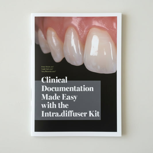 Teeth with a clinical documentation text overlay on a black background