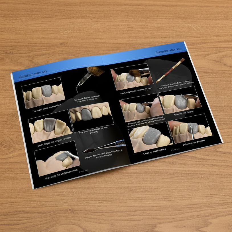 Step-by-step guide on dental wax-up process with tools and techniques.