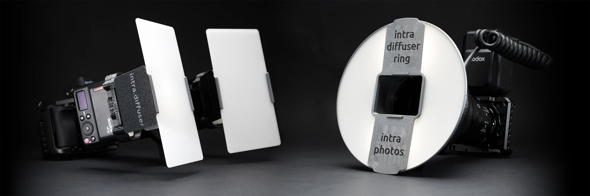 Three camera lens diffusers on a dark background