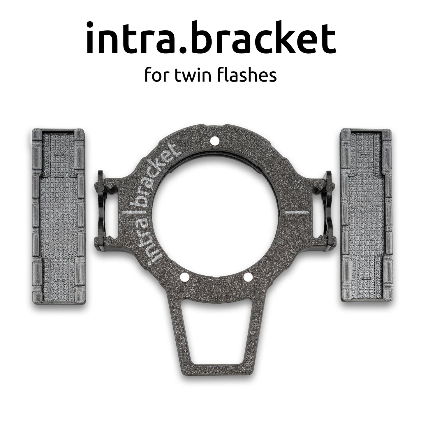 Intra bracket for twin flashes with 'intra.bracket' branding on a white background