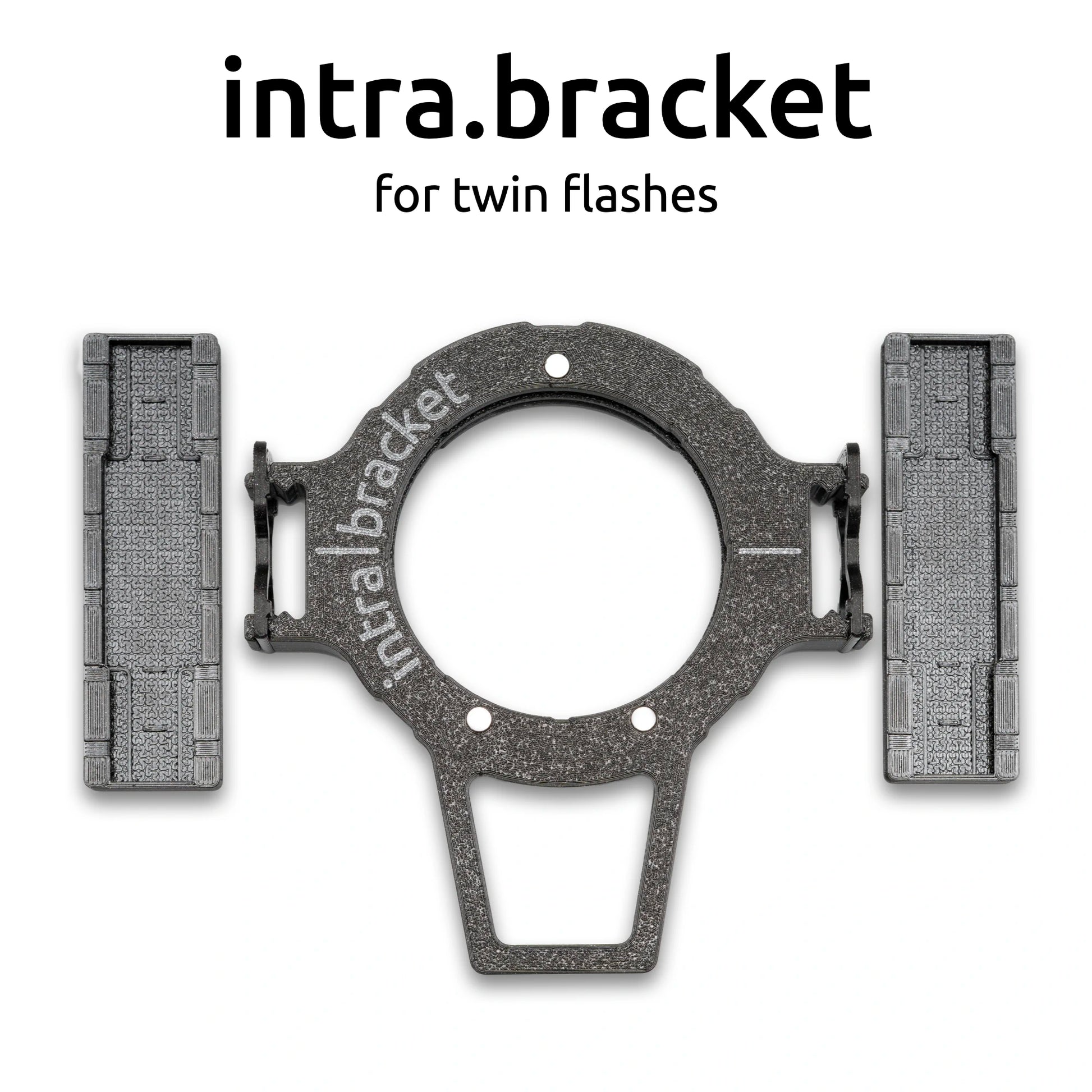 Intra bracket for twin flashes with 'intra.bracket' branding on a white background