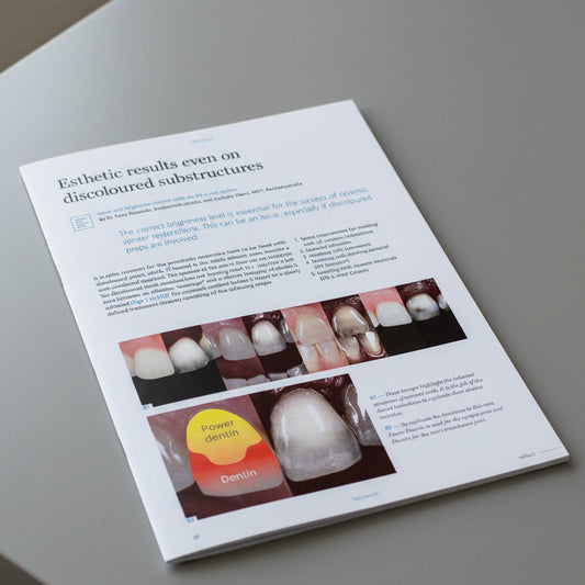 Journal article page on dental aesthetics with images of teeth and text discussing ceramic veneer restorations.